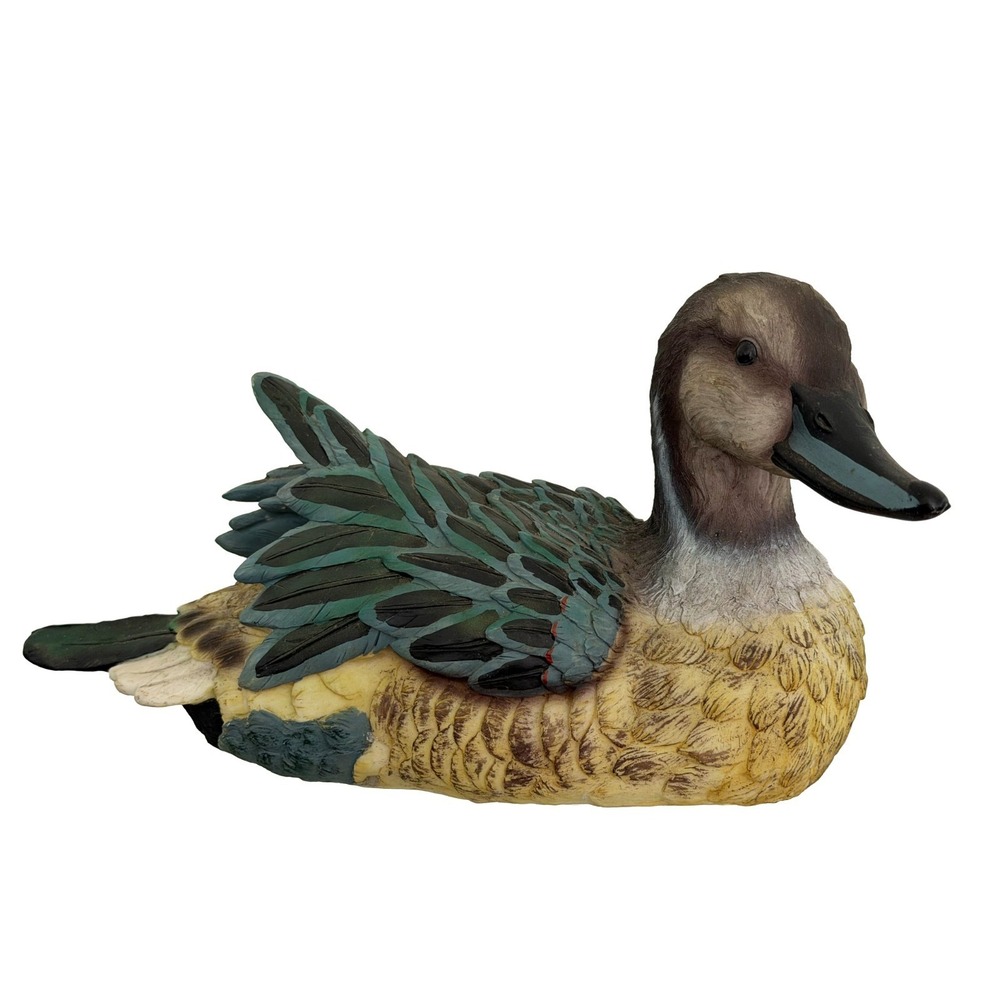 Duck Figurine Hand Painted Resin Decoy Preening Wing 12" Long Wildlife Rustic